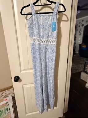 Light Blue Printed Jumpsuit with Lace Waist